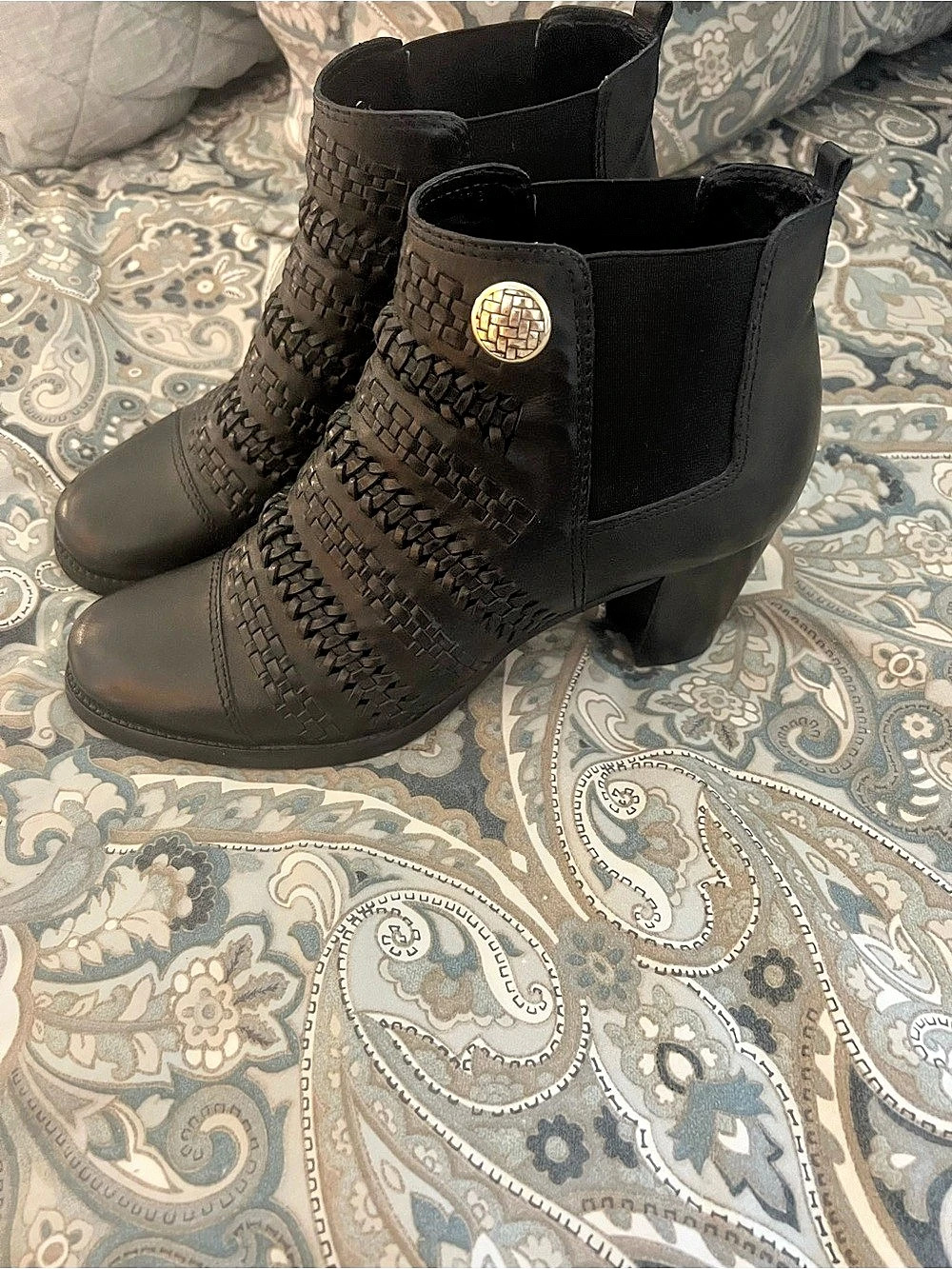 Brighton Galore Woven Leather Ankle Boots Black US 9 M